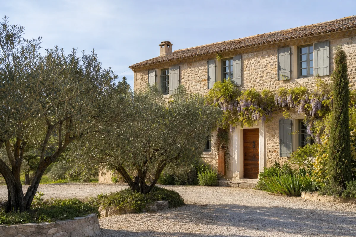 Façade en pierre d&rsquo;un mas provençal entouré d&rsquo;oliviers