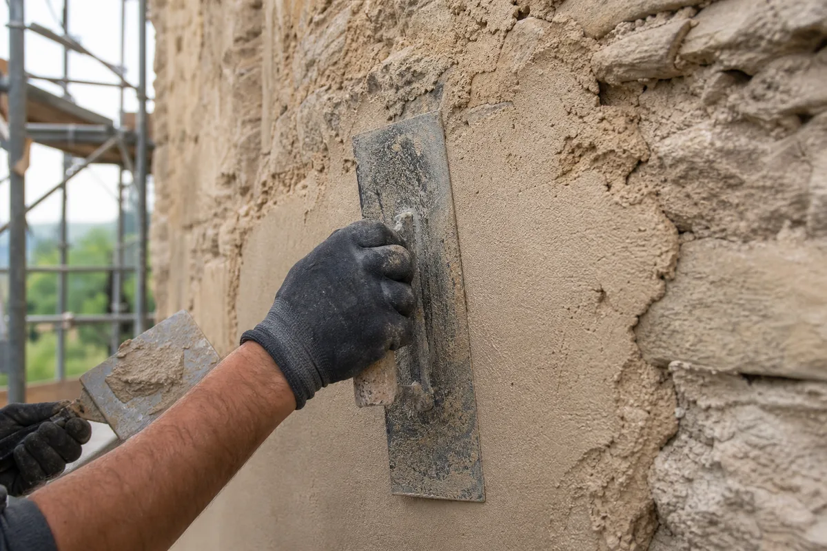 Chantier de rénovation d&rsquo;une façade en pierre avec enduit à la chaux