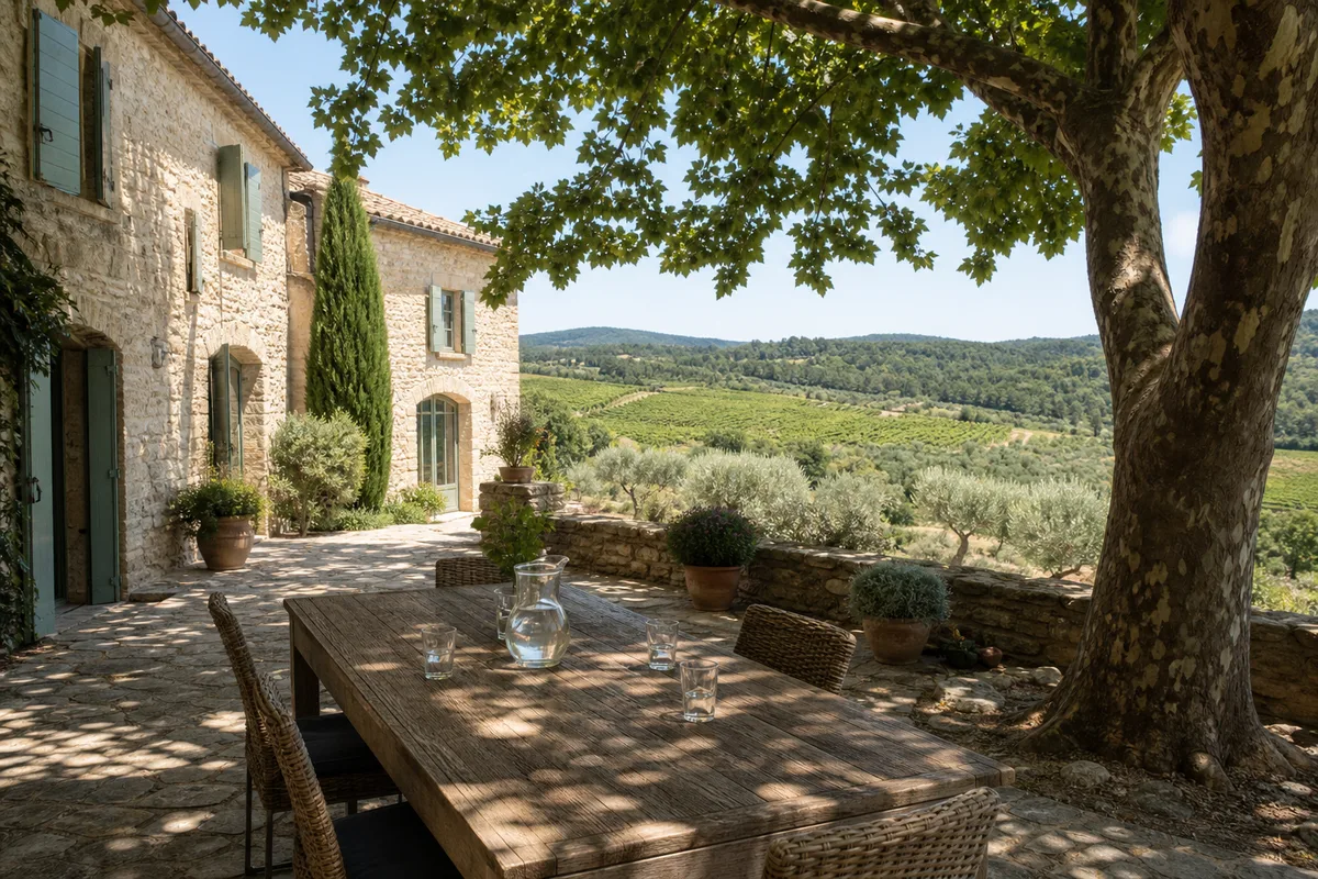Terrasse ombragée d&rsquo;un mas en pierre avec table en bois et vue sur la campagne provençale