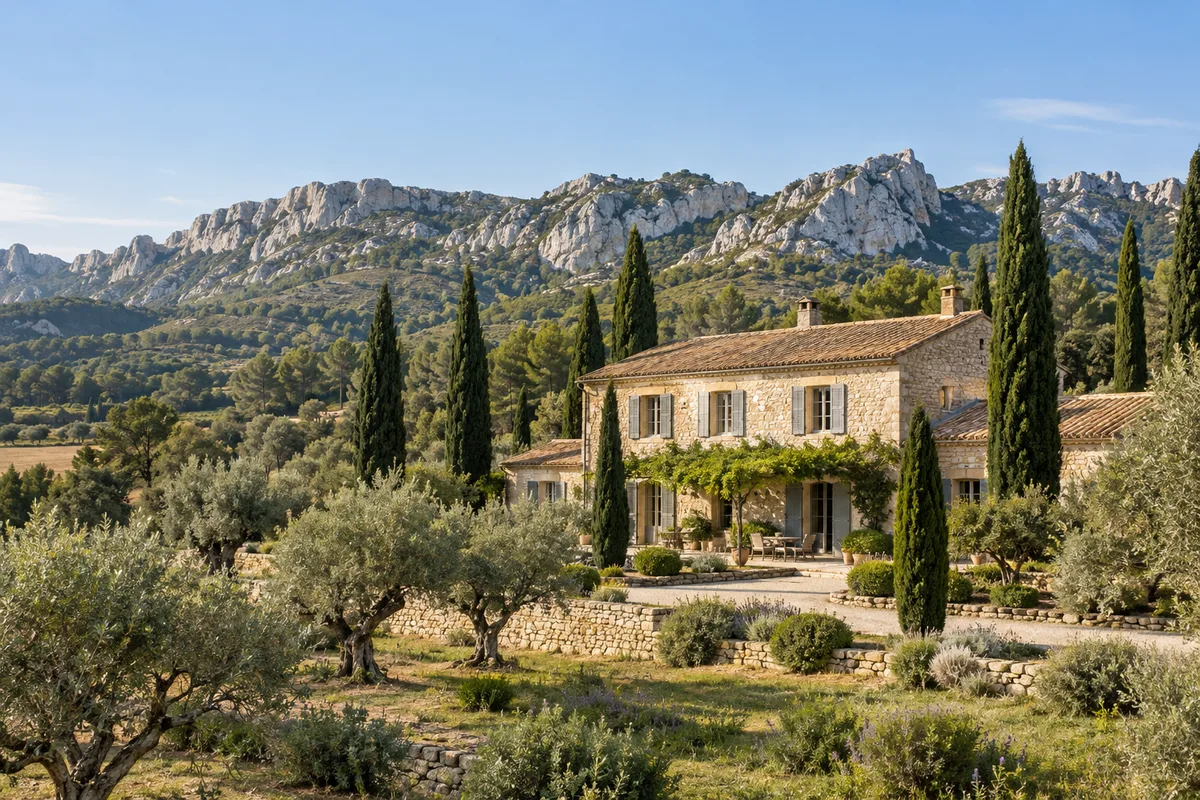 Mas provençal en pierre avec cyprès et oliviers sous les crêtes calcaires des Alpilles