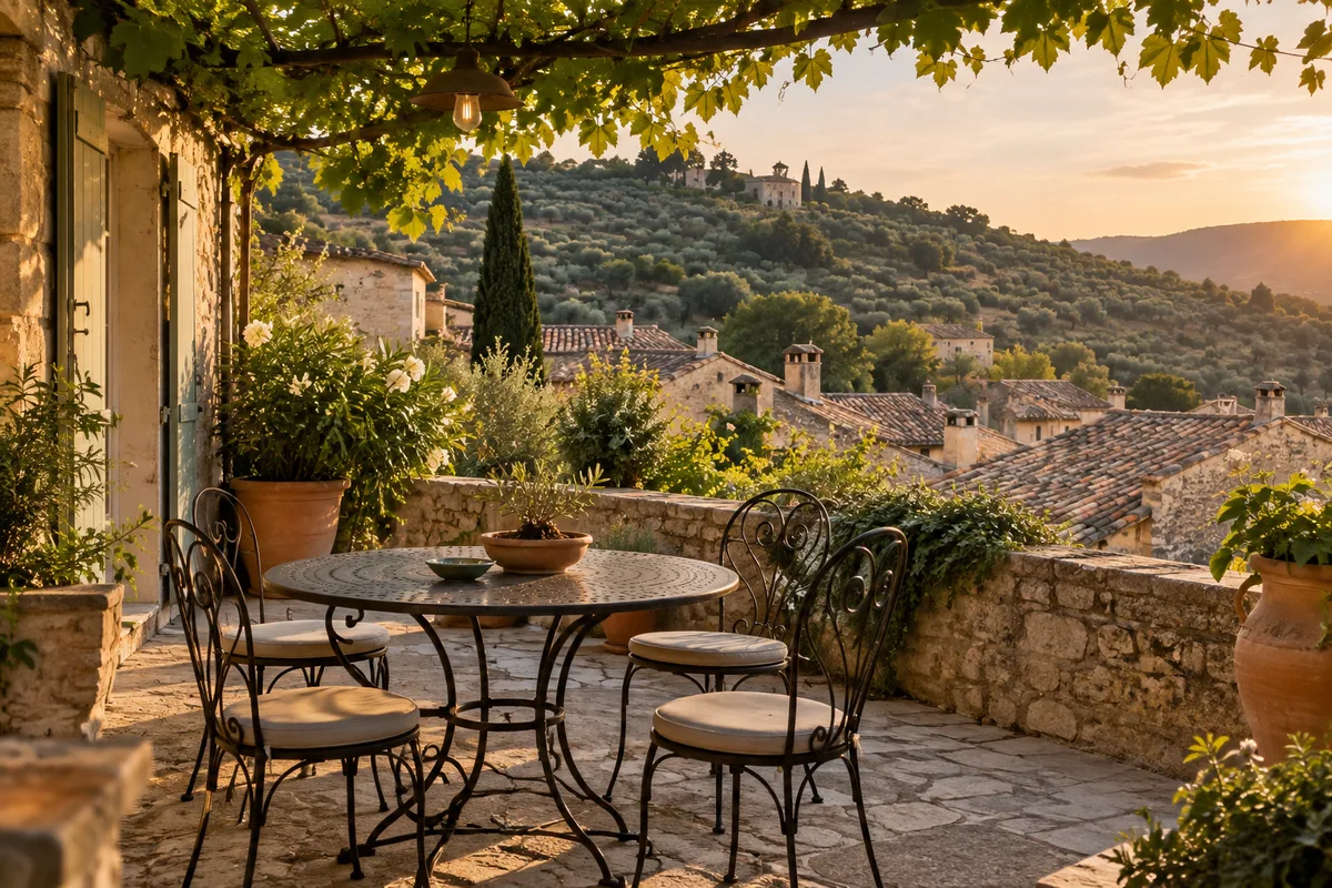 Terrasse ombragée avec table en fer forgé, toits de tuiles et colline plantée en oliviers