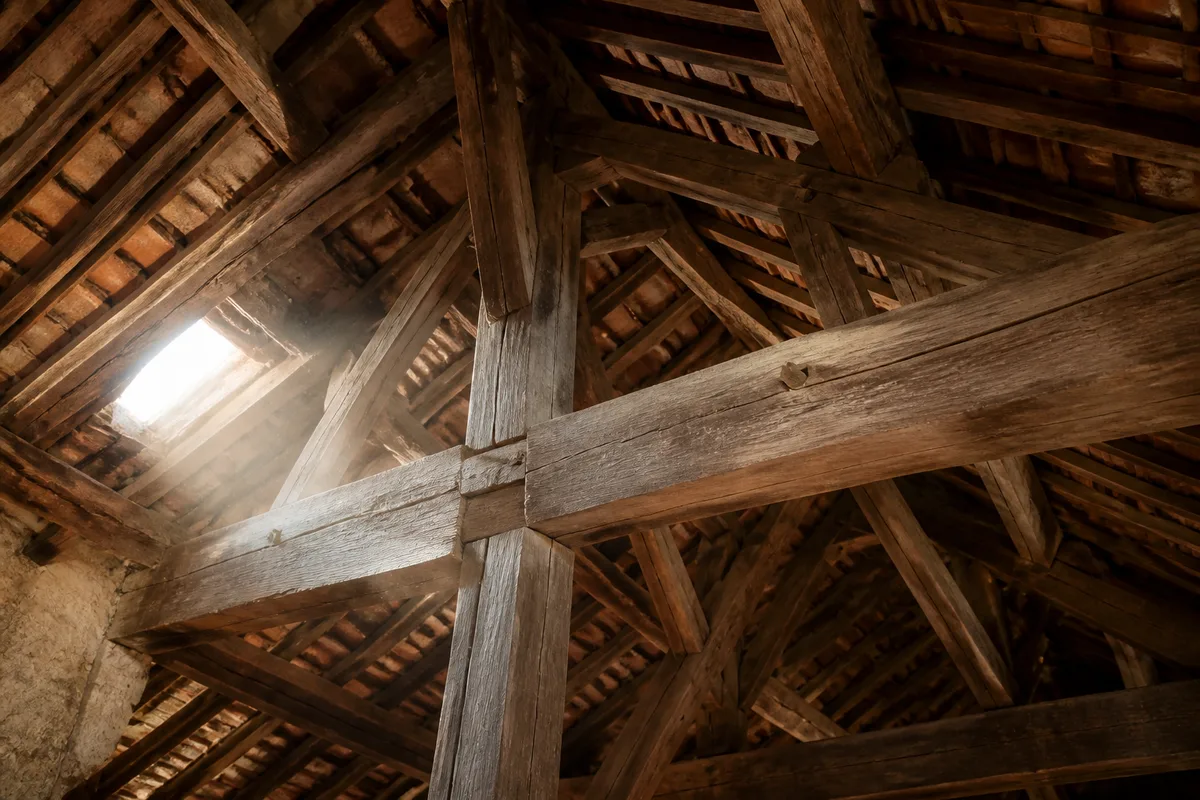 Détail d’une charpente ancienne en chêne éclairée par une lucarne