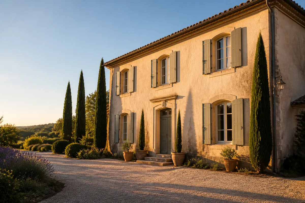 Façade sud d’une bastide provençale bordée de cyprès en lumière rasante