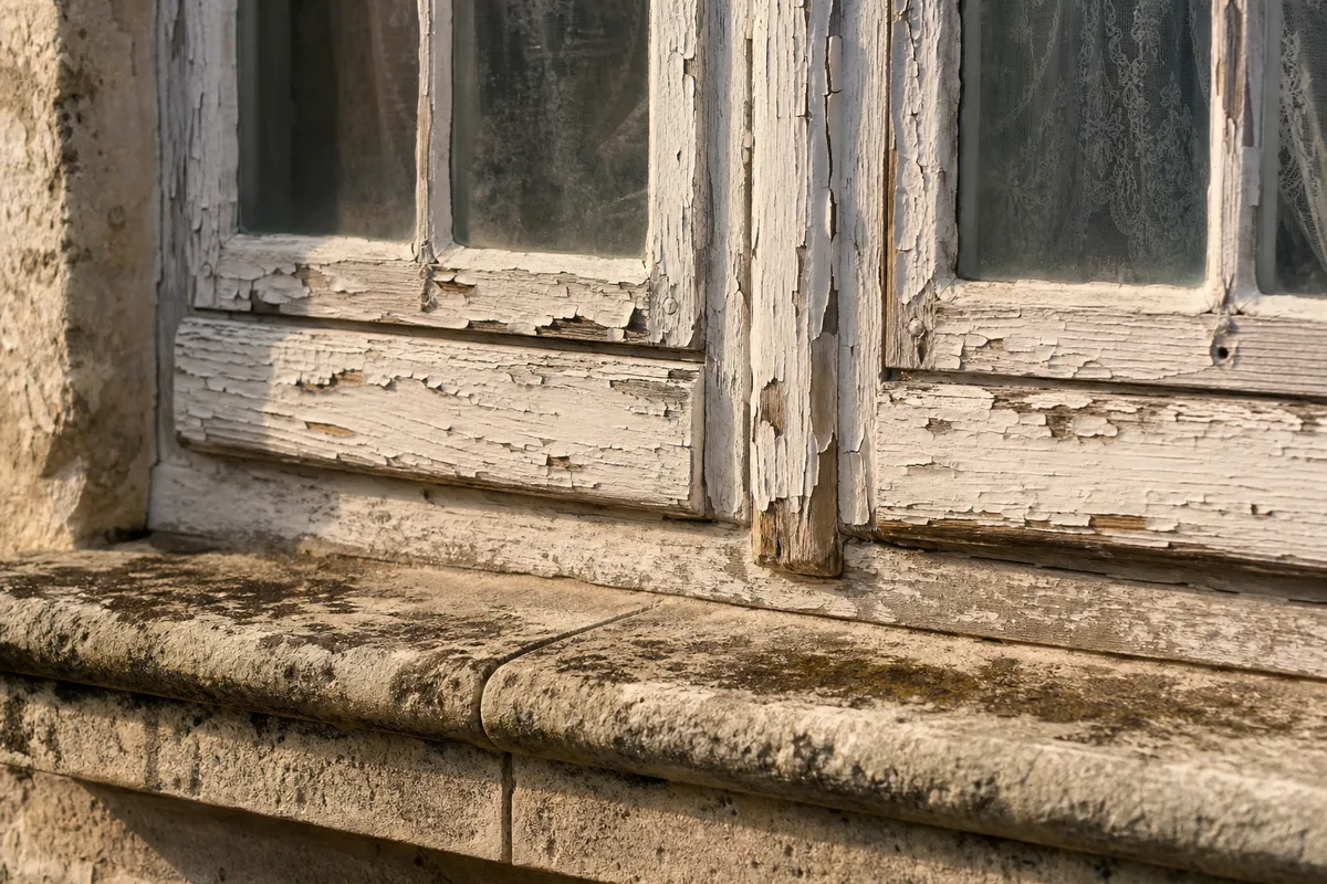 Écailles de peinture ancienne sur une boiserie de fenêtre