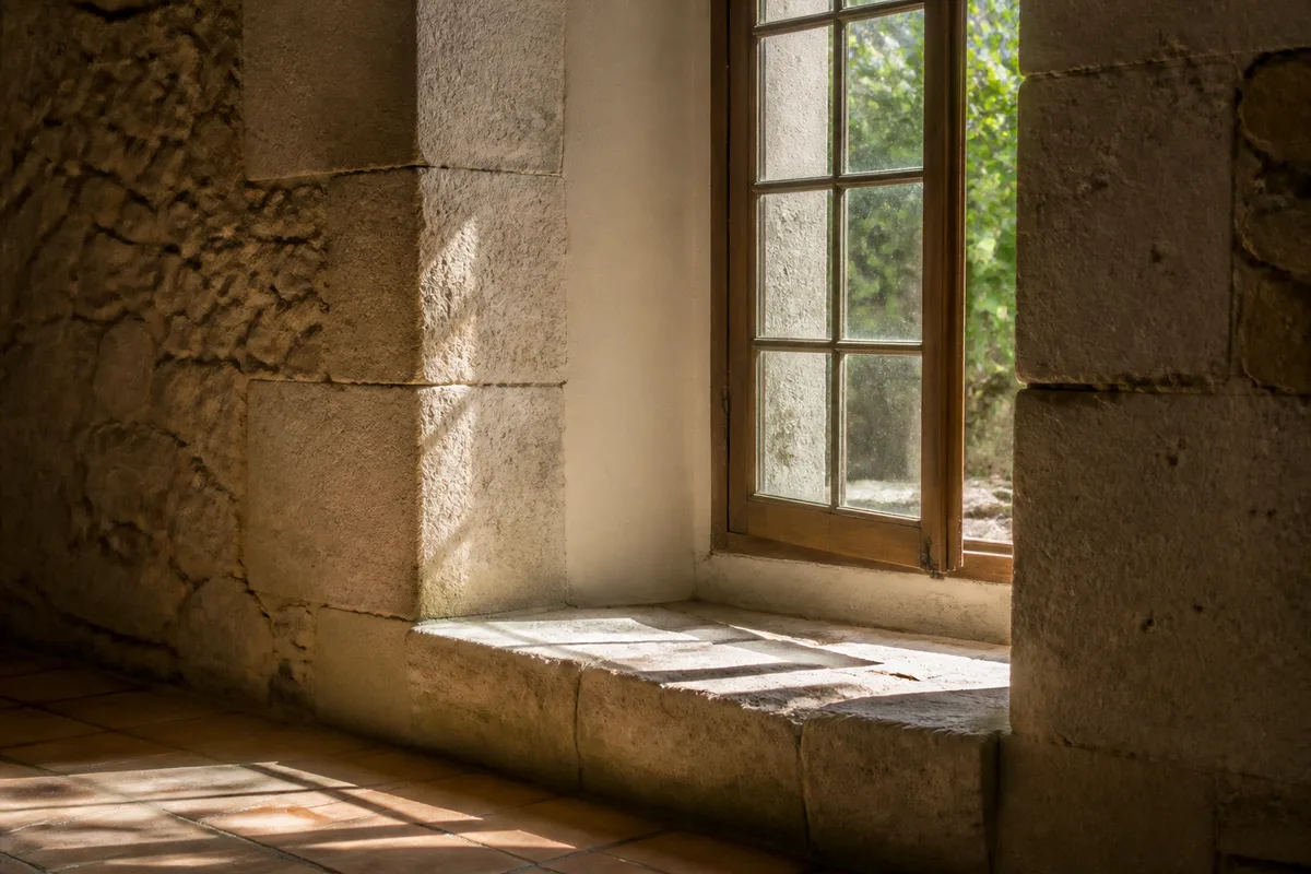 Embrasure profonde d&rsquo;une fenêtre percée dans un mur de pierre épais, appui en pierre et lumière rasante du matin