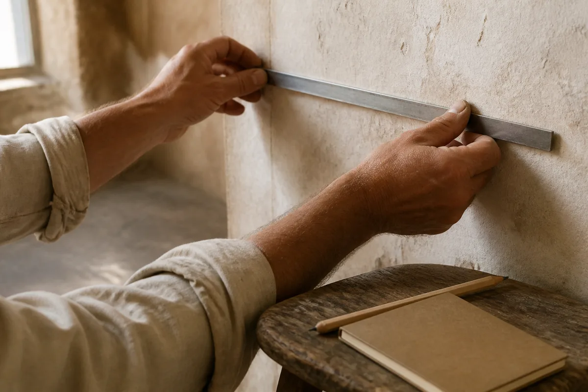 Mains d&rsquo;artisan déroulant un mètre ruban contre un mur ancien enduit à la chaux, lumière douce venue d&rsquo;une fenêtre latérale