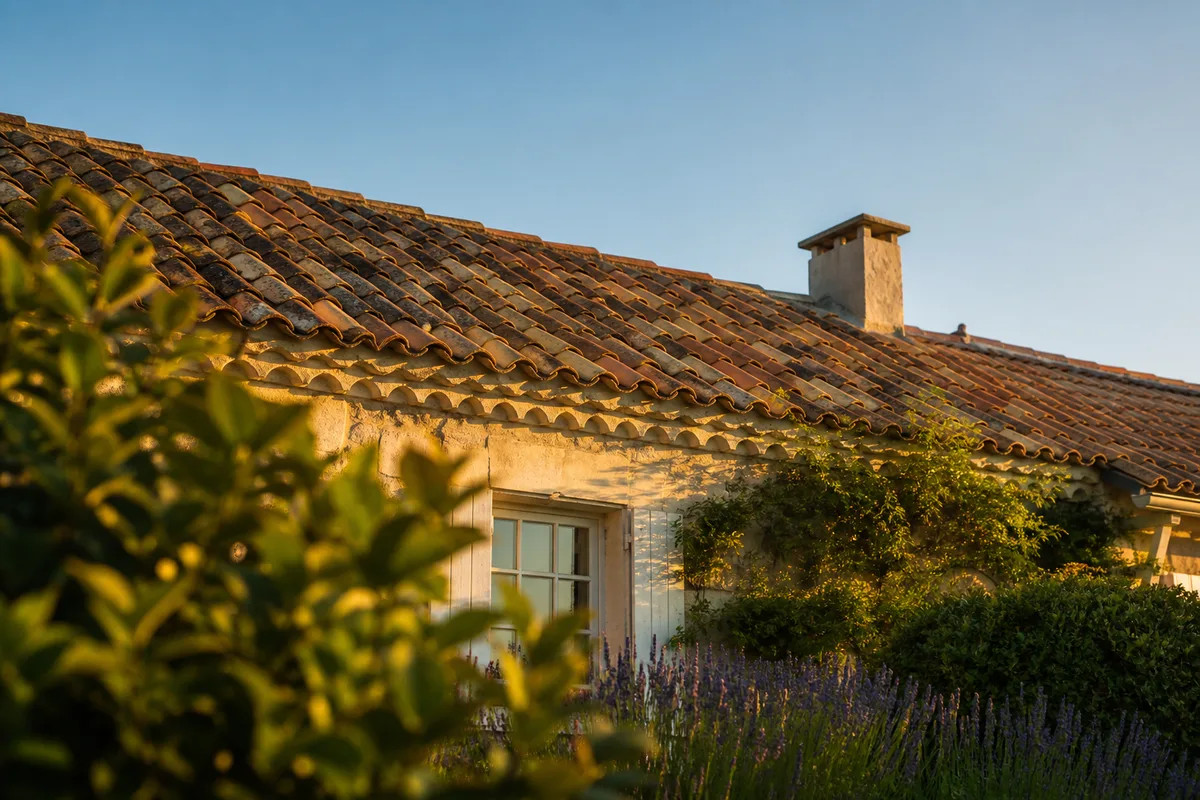 Toiture en tuiles canal d&rsquo;une longère en pierre vue depuis le jardin, cheminée maçonnée et ciel dégagé de fin de journée