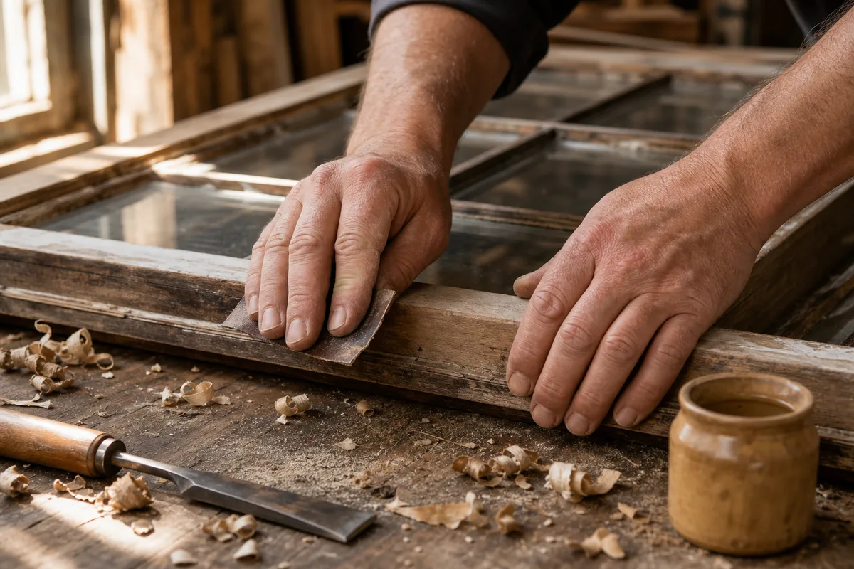 Mains d&rsquo;artisan ponçant le châssis en bois d&rsquo;une ancienne fenêtre en atelier