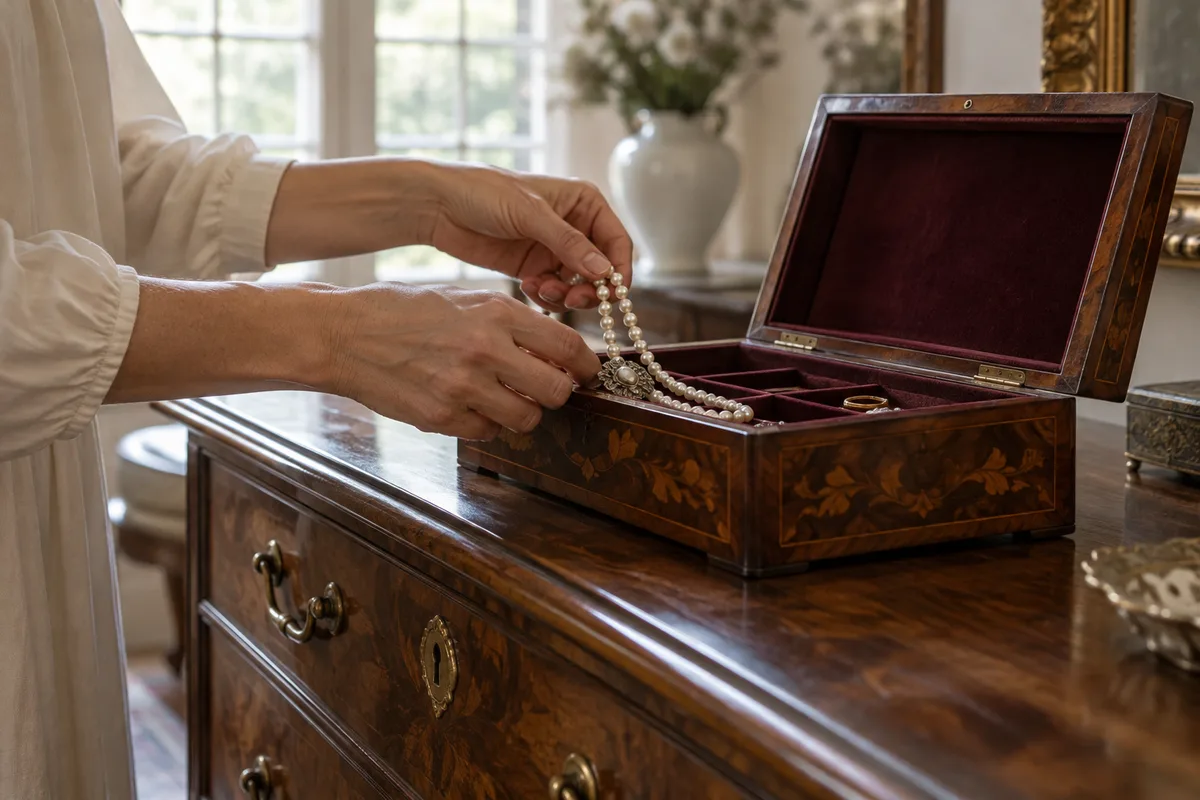 Mains rangeant des bijoux anciens dans un coffret en bois posé sur une commode en noyer