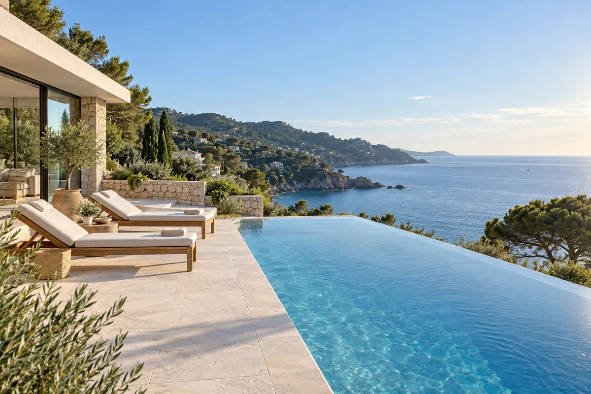 Terrasse en pierre claire d&rsquo;une villa contemporaine avec piscine à débordement et la Méditerranée en contrebas