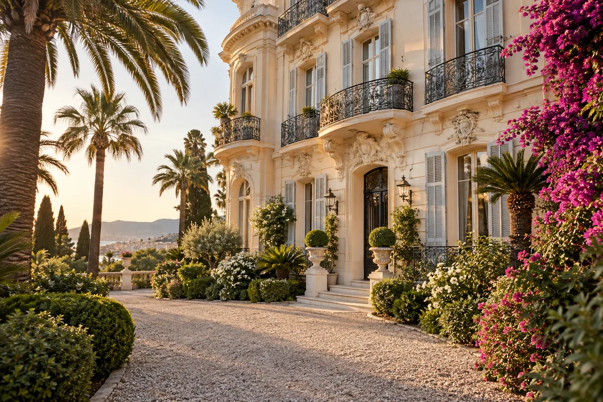 Façade Belle Époque aux volets clairs et balcons en fer forgé derrière un jardin de palmiers et de bougainvilliers