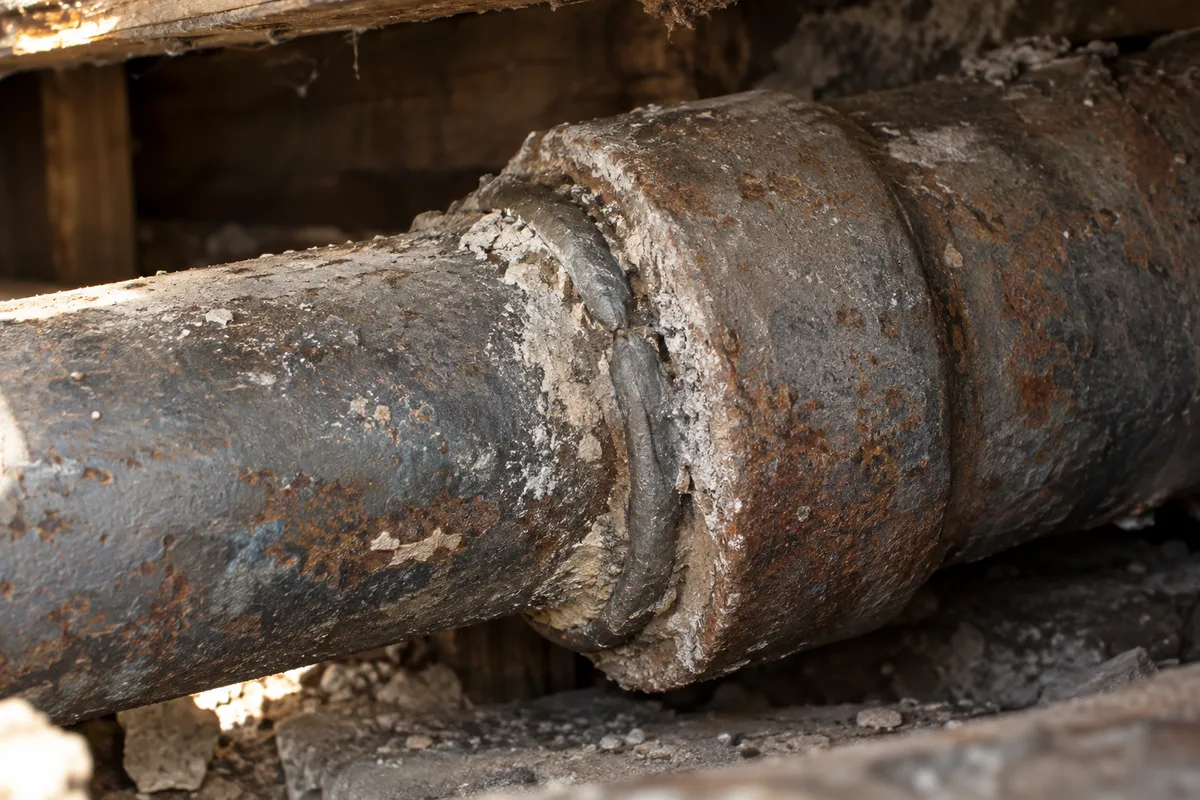 Détail d&rsquo;un emboîtement de tuyau en fonte ancienne avec dépôt de tartre et joint au plomb, poussière de plâtre