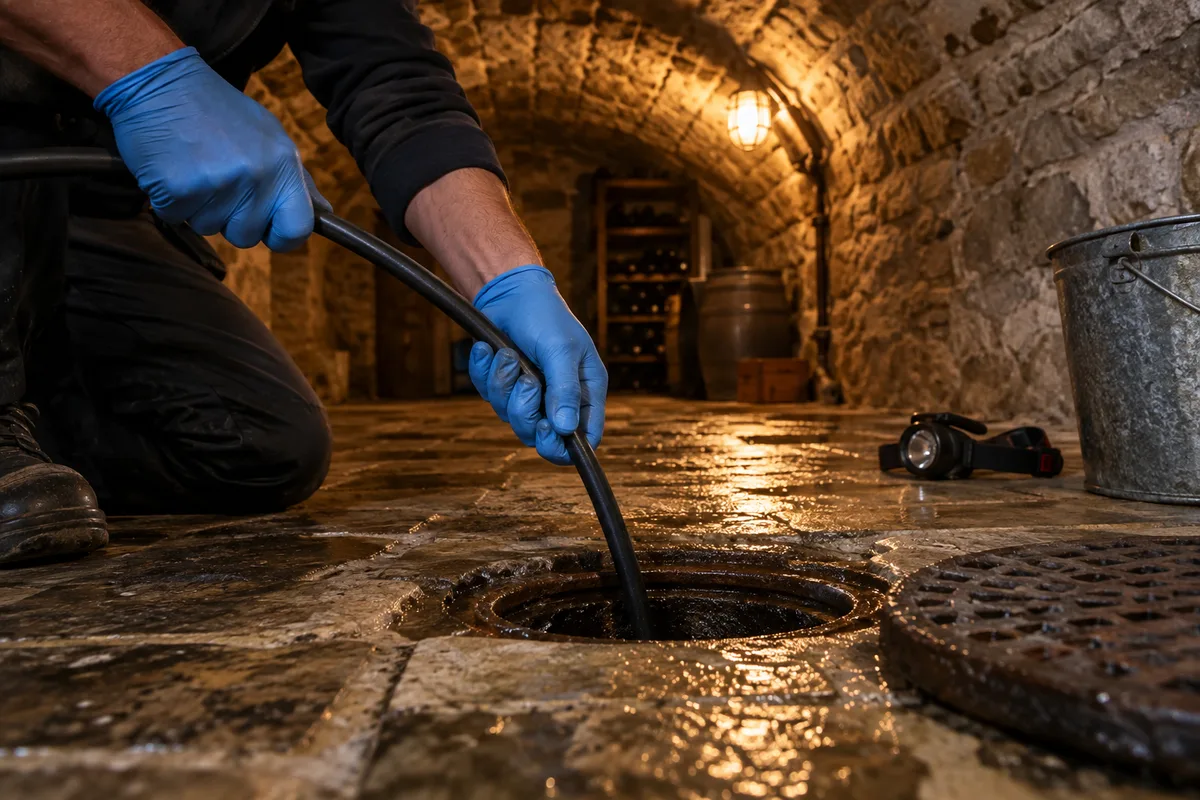 Mains gantées guidant un câble d&rsquo;inspection depuis un tampon de dégorgement ouvert dans une cave voûtée en pierre