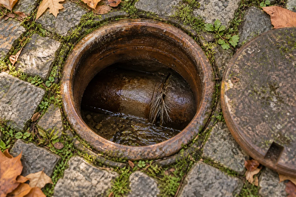 Regard de cour en grès vernissé brun ouvert entre des pavés anciens, radicelles fines et mousse dans un joint