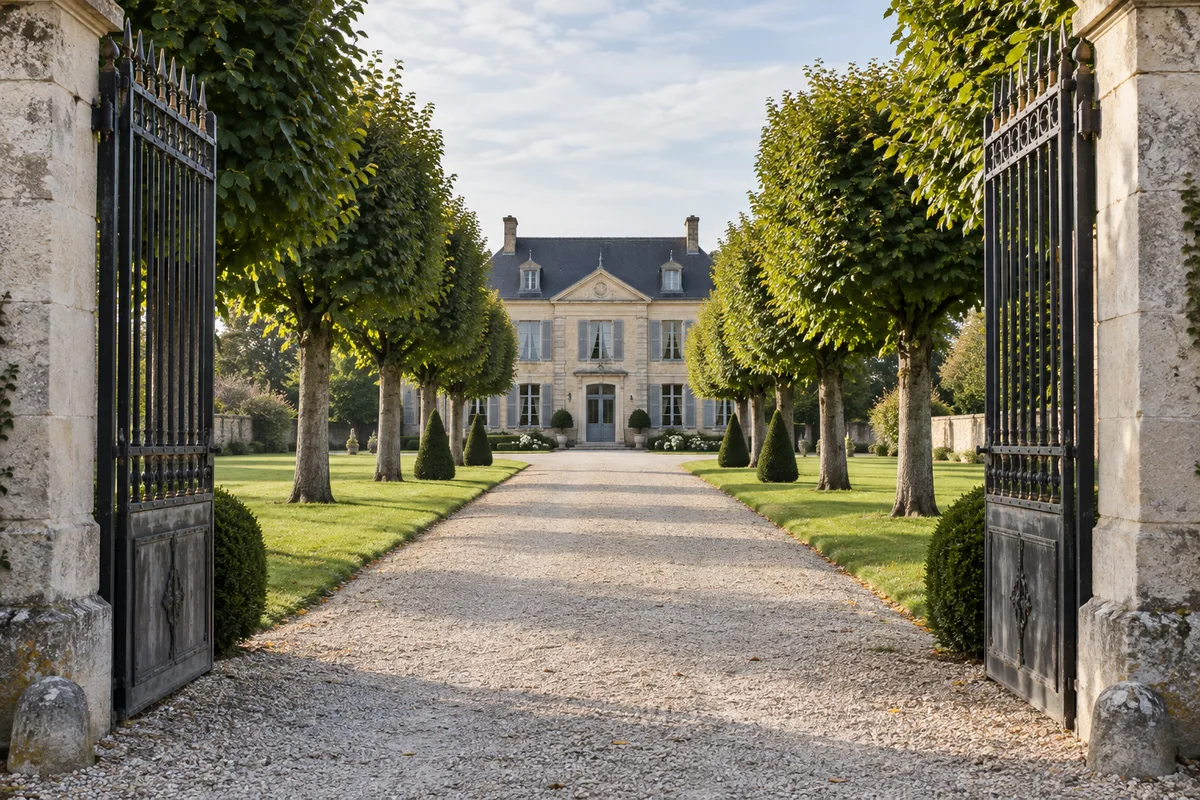Allée gravillonnée menant à une maison de maître en pierre claire, grille ouverte entre deux piliers