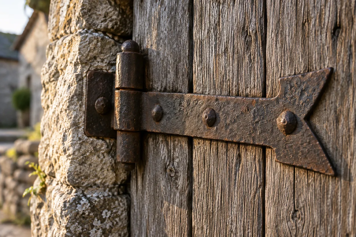 Détail d&rsquo;une penture ancienne en fer patiné fixée sur un vantail de bois, lumière rasante
