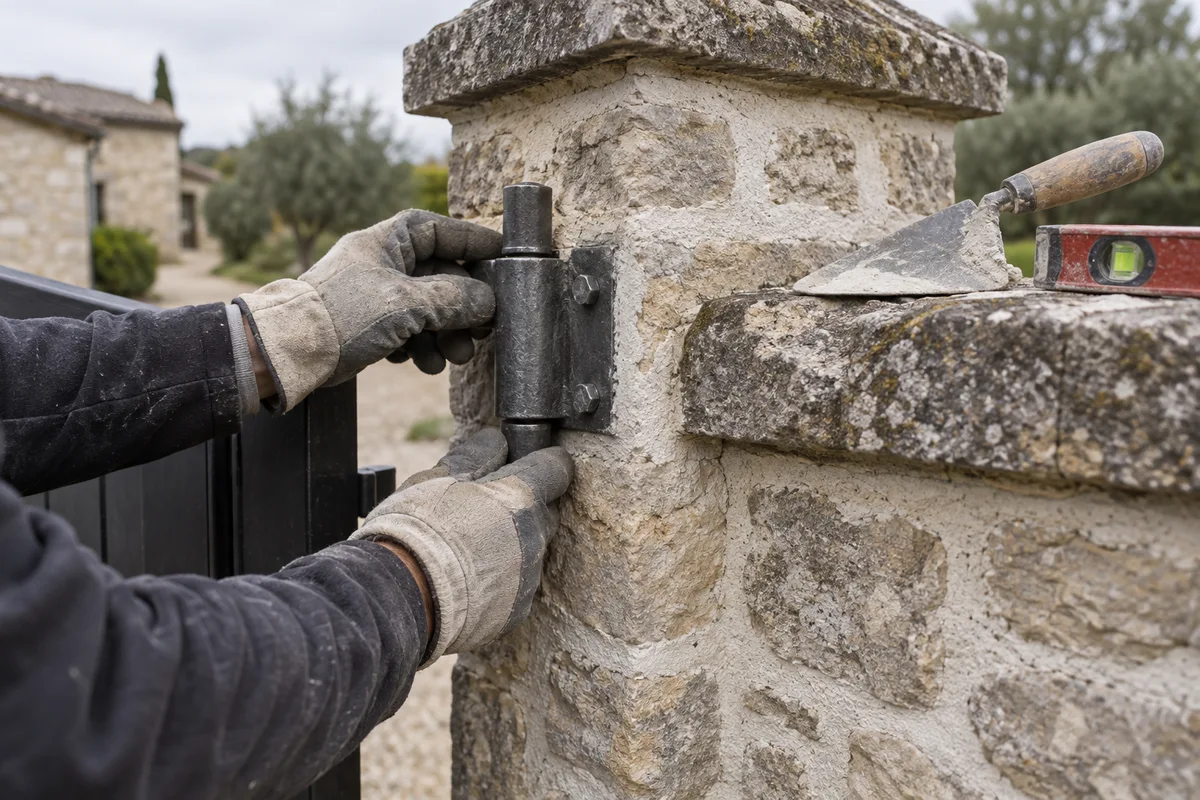 Mains d&rsquo;artisan scellant un gond métallique dans un pilier en pierre ancienne, outils posés au pied du pilier