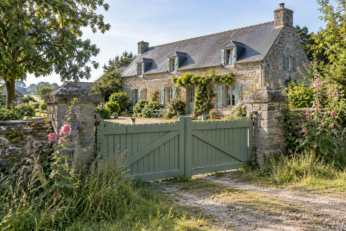 Portail en bois peint vert sauge fermant la cour d&rsquo;une longère en pierre, herbe haute au pied des piliers