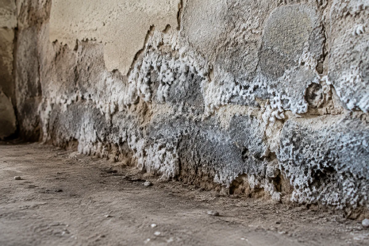 Bas de mur en pierre d&rsquo;une maison ancienne marqué par une bande d&rsquo;humidité et des efflorescences blanches