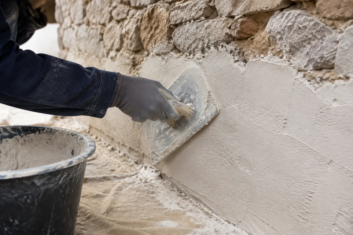 Application d&rsquo;un enduit à la chaux sur un bas de mur ancien après piquage