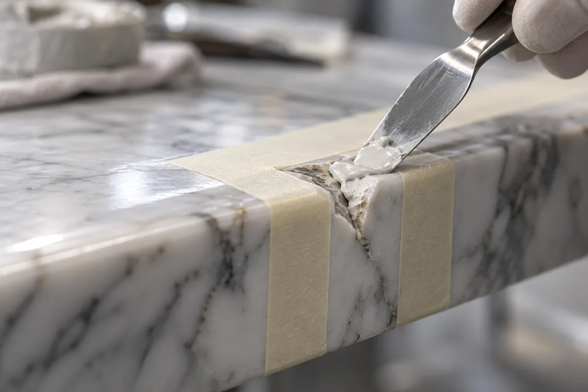 Éclat de marbre en cours de réparation, spatule et pâte de rebouchage claire sur ruban de masquage