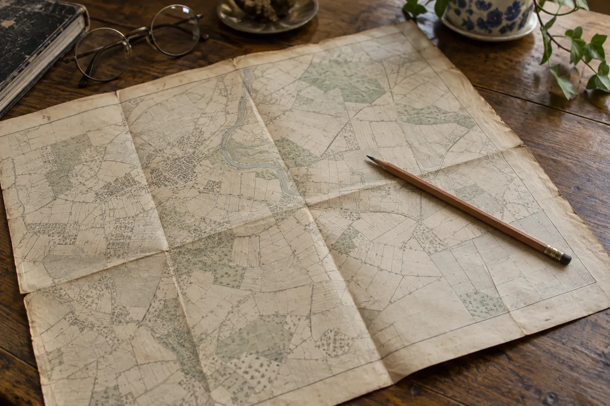 Plan cadastral ancien et crayon à papier posés sur une table en bois patiné
