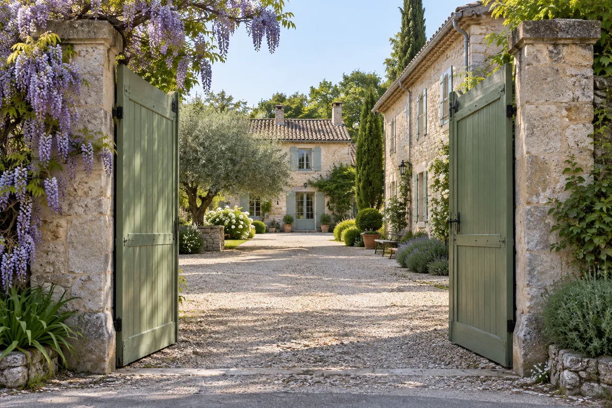 Portail en bois ouvert sur une allée gravillonnée partagée entre deux maisons anciennes