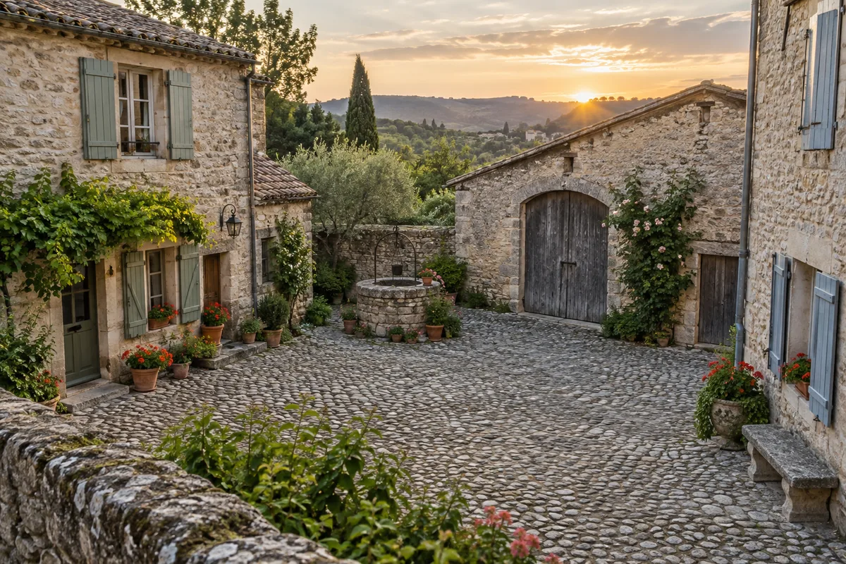Cour commune pavée d&rsquo;un hameau entre deux maisons en pierre aux volets de bois