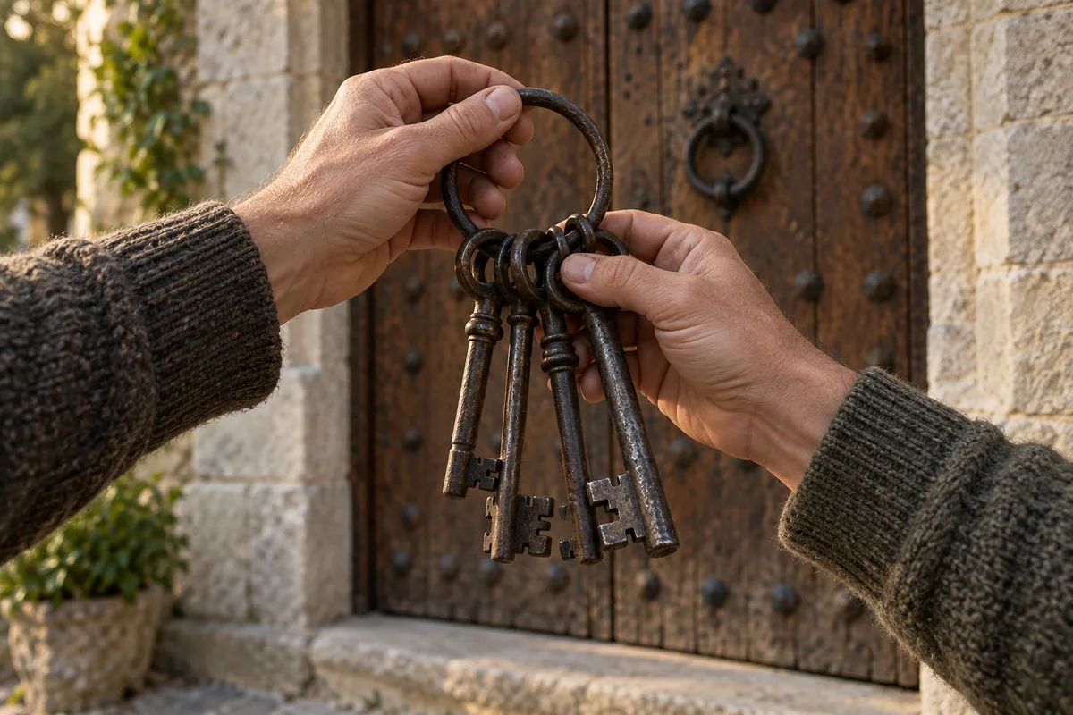 Mains serrant un trousseau de clés anciennes devant une porte en bois cloutée