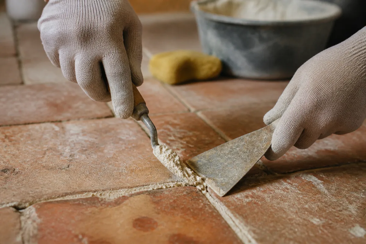 Mains gantées garnissant un joint à la chaux entre des carreaux de terre cuite anciens, gros plan atelier