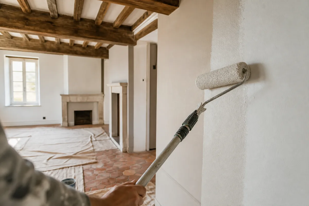 Rafraîchissement des peintures dans une pièce de maison ancienne avant mise en vente