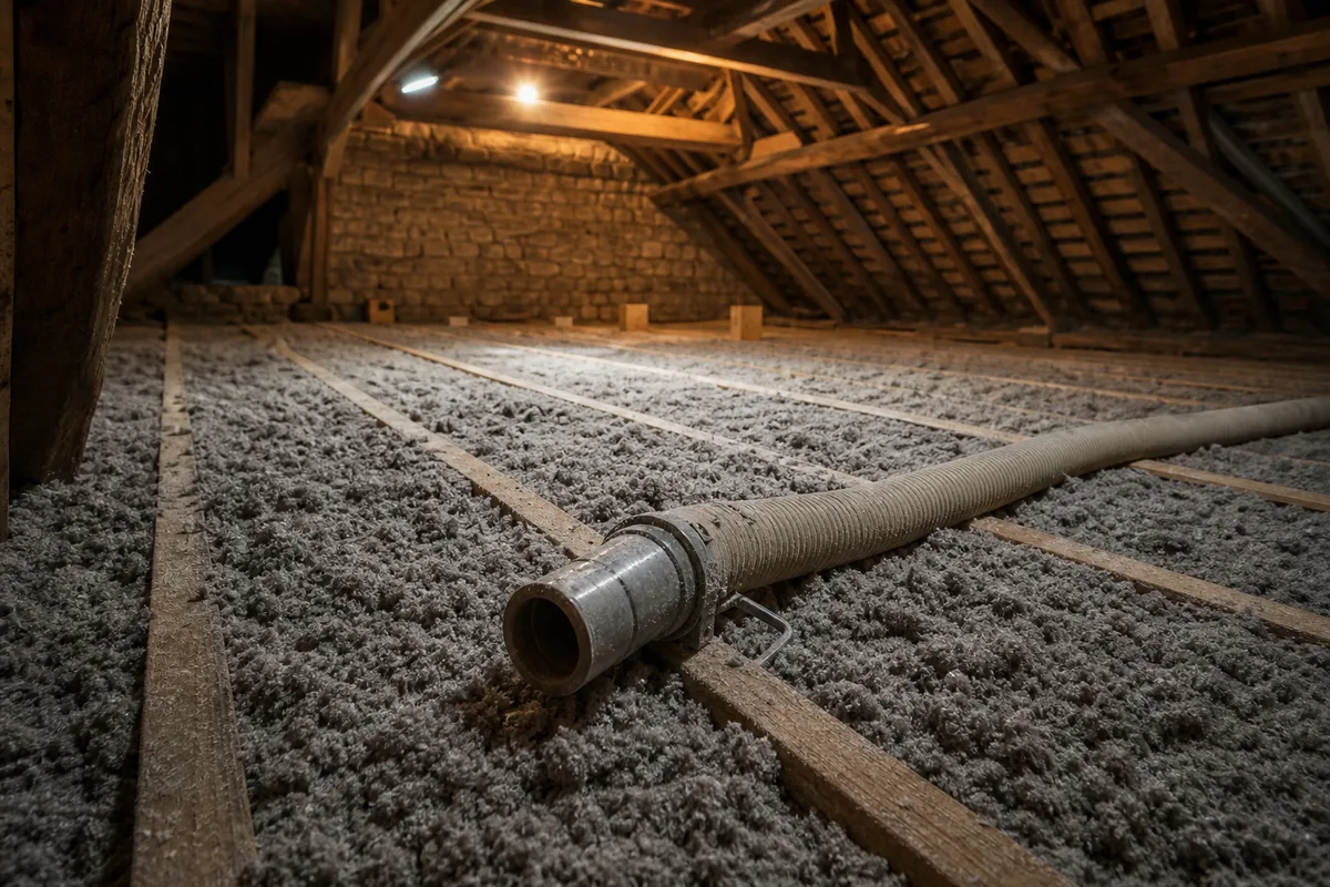 Chantier d&rsquo;isolation de combles par soufflage dans une maison ancienne