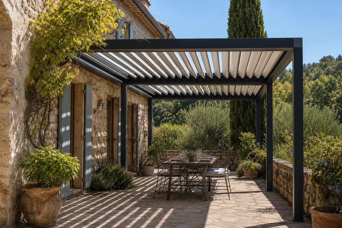 Pergola bioclimatique à lames orientables ombrageant la terrasse d&rsquo;une maison ancienne