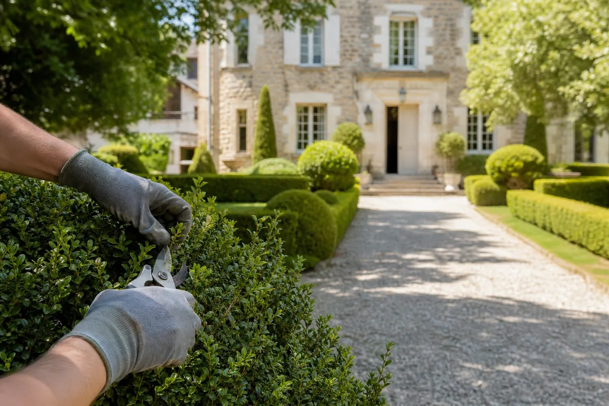 Jardin structuré d&rsquo;une maison de caractère, haies taillées et allée de gravier dégagée