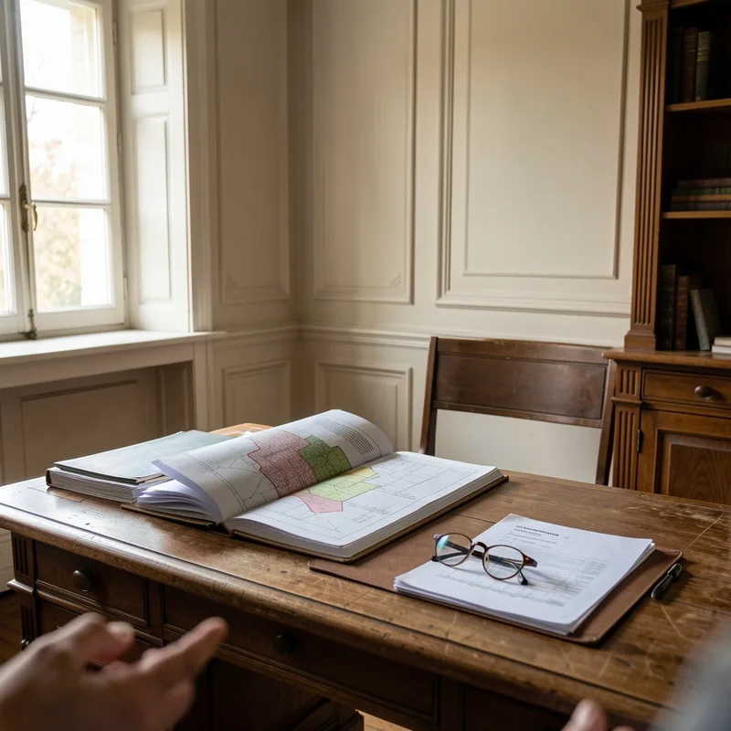 Dossier de vente, diagnostics et plans posés sur un bureau en bois dans une demeure ancienne