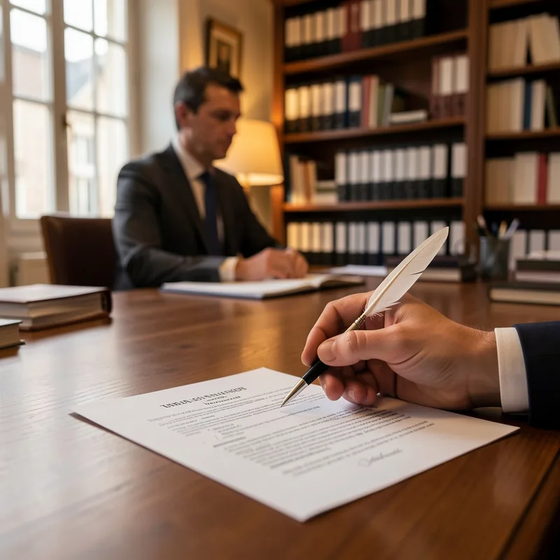 Signature d&rsquo;un avant-contrat immobilier dans une étude notariale, stylo et documents sur la table