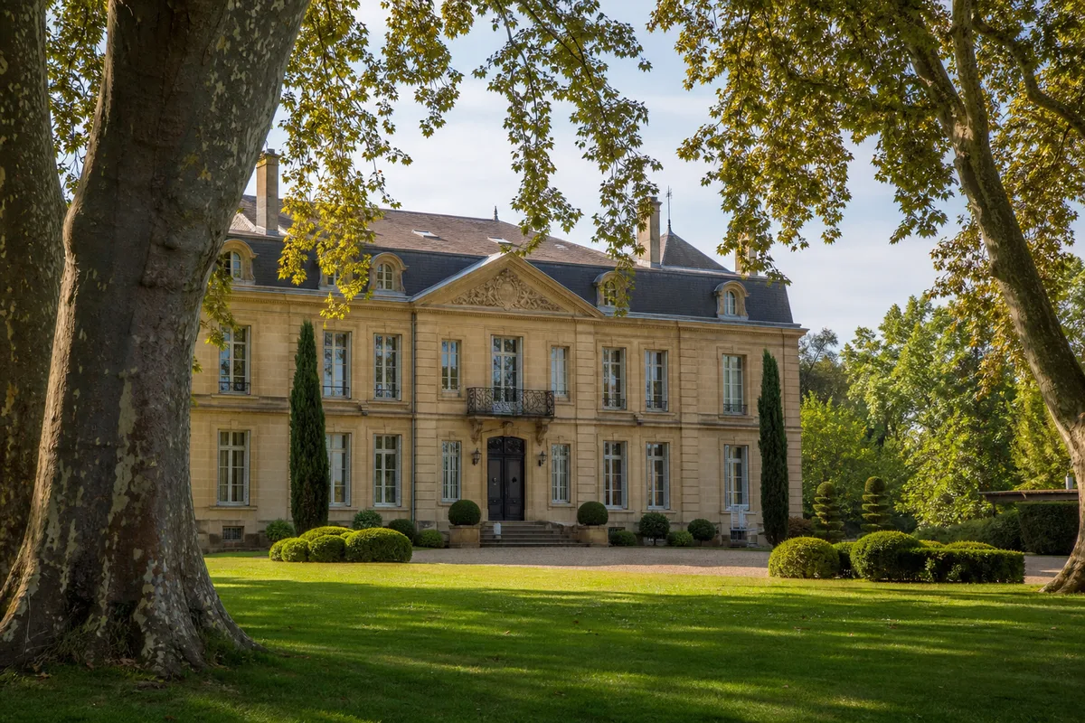 Façade en pierre d&rsquo;une propriété de prestige entourée d&rsquo;un parc arboré sous une lumière douce