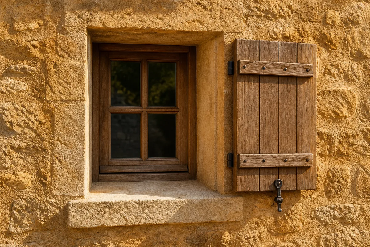 Façade en pierre dorée avec volets bois entrouverts et ombre portée dans l’épaisseur du tableau