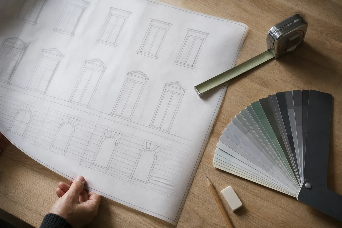 Plan de façade dessiné à la main posé sur une table de bureau avec un mètre ruban et un nuancier de teintes
